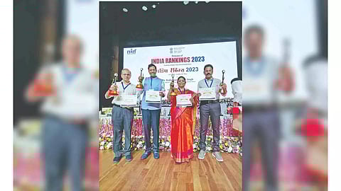 Prof V Kamakoti (second from left) with the NIRF 2023 trophy in New Delhi recently
