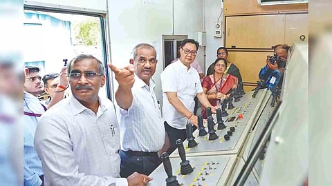 Scientists explaining the works under way for manned submersible vehicle to Union Minister Kiren Rijiju at NIOT in Chennai on Thursday

