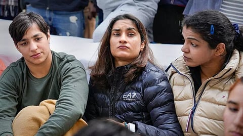 Wrestlers Vinesh Phogat, Sakshi Malik and Anshu Malik sit on 'dharna' to protest against the Wrestling Federation of India (WFI), at Jantar Mantar
