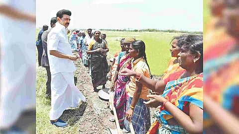 Chief Minister MK Stalin receiving petitions from MGNREGS workers in Lalgudi, Tiruchy district on Friday

