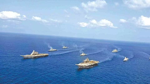 The Indian Navy showcased its maritime capabilities with a display of multi-carrier operations
