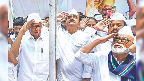 Sharad Pawar with senior leaders during NCP’s foundation day celebrations in New Delhi, Saturday
