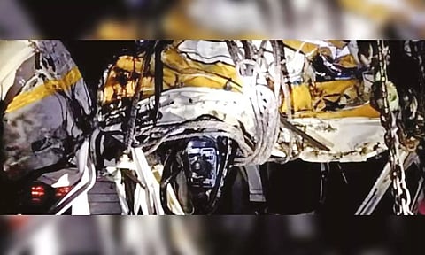 Mangled remains of a van that was involved in an accident in Karur
