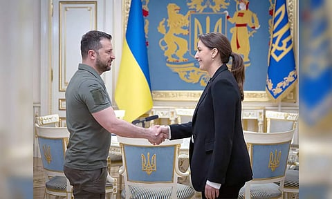 Ukraine President Volodymyr Zelenskyy and UAE Minister of Climate Change and the Environment Mariam bint Mohammed Almheiri. (Photo - WAM)