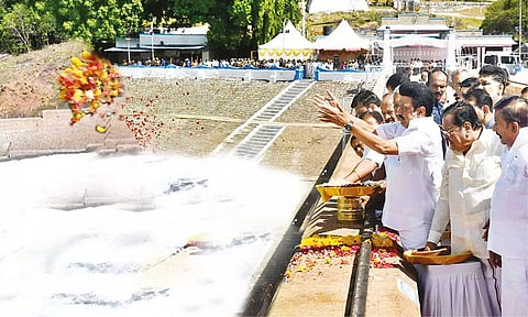 Chief Minister MK Stalin during the release of water from Mettur Dam, in Salem on Monday