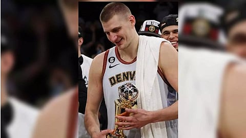 Nikola Jokic with his NBA Finals MVP trophy (Twitter: nuggets)