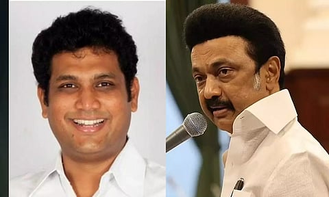 (L) Minister for Industries TRB Rajaa; Chief Minister MK Stalin(R)