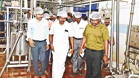 Minister T Mano Thangaraj inspecting the Aavin plant in Tiruchy on Wednesday
