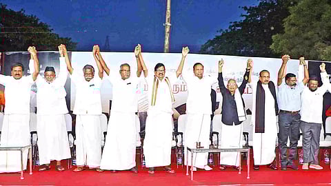 Leaders of DMK-led Secular Progressive Alliance parties, who participated in the protest meeting in Coimbatore on Friday
