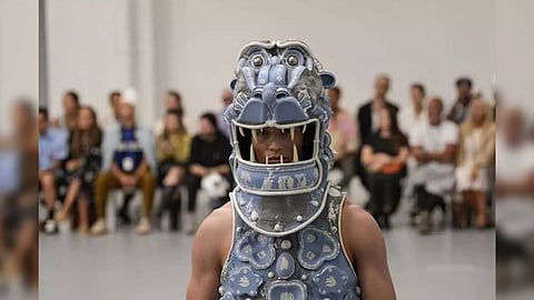 A model wears a creation as part of the Jeffrey Loverboy men's Spring Summer 2024 collection presented in Milan (Image: AP)