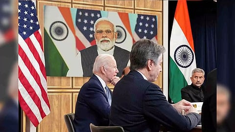 U.S. President Joe Biden, seated with U.S. Secretary of State Antony Blinken and India's Foreign Minister Subrahmanyam Jaishankar, holds a videoconference with India's Prime Minister Narendra Modi to discuss Russia's war with Ukraine from the White House in Washington (Photo: Reuters)