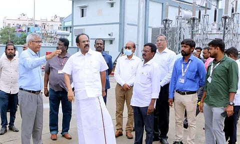 Thennarasu inspects substations under construction in Taramani, Tiruvanmaiyur