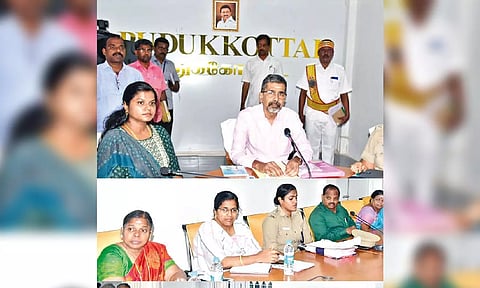 Retd Judge M Sathyanarayanan interacting with officials in Pudukkottai on Wednesday