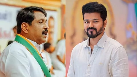 &nbsp;BJP legislative party leader Nainar Nagendran (L) and actor Vijay (R)

