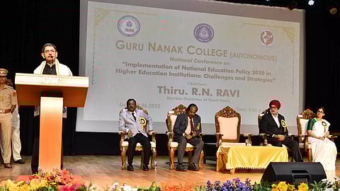 Governor Ravi in an event at Guru Nanak College, Chennai on Thursday.