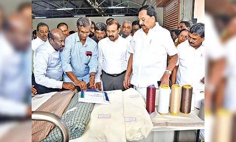 Handlooms Minister R Gandhi inspecting Tamil Nadu Textile Corporation (TNTC) in Coimbatore