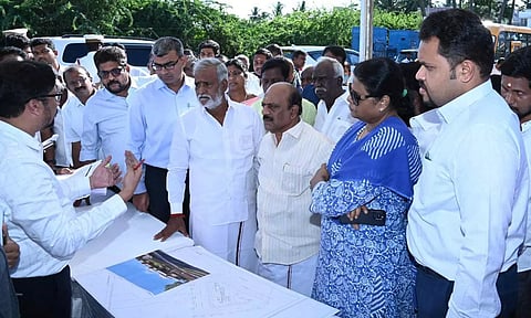 Sekarbabu along with MSME Minister TM Anbarasan inspected the site selected for the new bus stand on Friday. (Twitter/@PKSekarbabu)