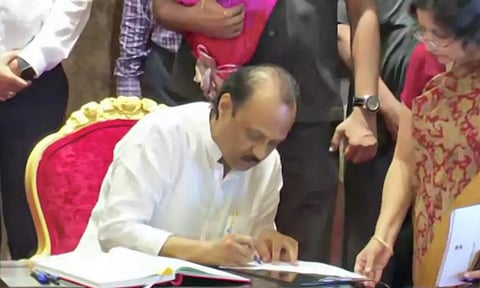 NCP leader Ajit Pawar taking oath as Deputy Chief Minister of Maharashtra. (PTI)