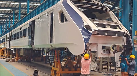 A Vande Bharat train getting ready for rollout at ICF
