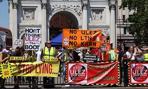Demonstrators protest against proposed upcoming expansion of London's Ultra Low Emissions Zone