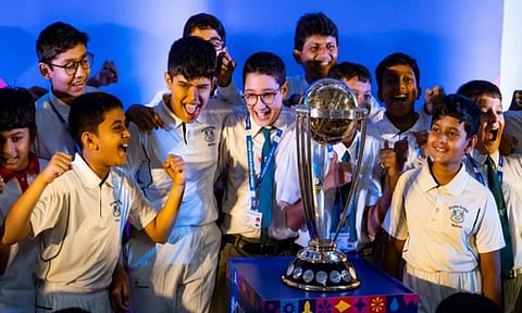 Students of Bombay Scottish School with ICC World Cup 2023 Trophy (Photo: ANI)