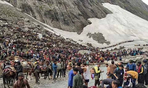 Pilgrims on their way to the holy cave shrine of Amarnath. (PTI)