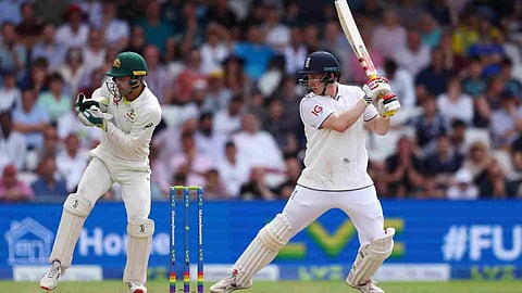 England's Harry Brook hits four runs off the bowling of Australia's Todd Murphy (Photo: Reuters)
