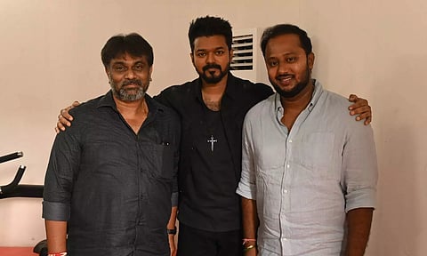 Actor Vijay and the producers of 'Leo' -- SS Lalit Kumar and co-producer Jagadish Palanisamy (Twitter/@7screenstudio)