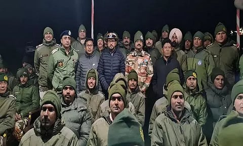 Union Minister Anurag Thakur with ITBP personnel in Ladakh (ANI)