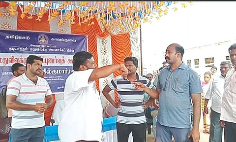 VCK men confronting police at the awareness meeting in Vellore on Thursday