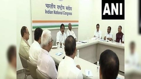 Congress Chief Mallikarjun in a meeting with party leaders in Delhi (Photo/ANI)