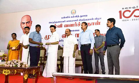 Stalin also took part in the events organized at Nehru Govt Boys Higher Secondary School in Nanganallur as a part of the 121st birth anniversary celebration of Kamarajar. (Twitter/@mkstalin)