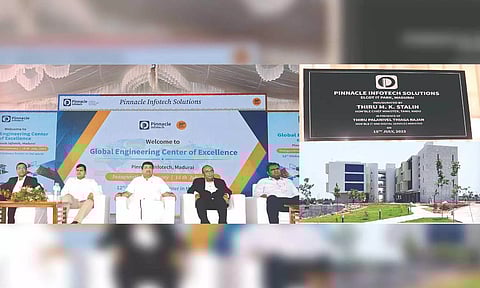 Minister PTR Palanivel Thiagarajan at the inauguration ceremony of the new building presided over by CM Stalin virtually