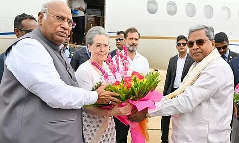 Congress Parliamentary Party Chairperson Sonia Gandhi, Congress president Mallikarjun Kharge, and party leader Rahul Gandhi arrives at Bengaluru&nbsp;(ANI)