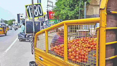 Tomatoes being sold for Rs 80 per kg at Gandhinagar in Katpadi
