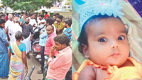 (L-R) Staging protest in front of Thanjavur GH on Wednesday; Relatives of the baby