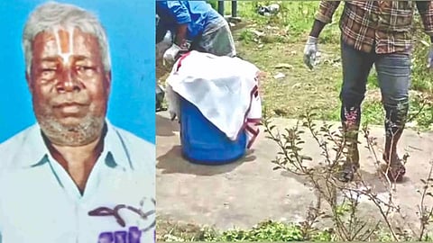 The 76-year-old Valathi Kovilan’s body was found inside the plastic barrel