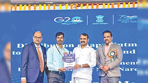 L Murugan distributing job order in Tiruchy on Saturday