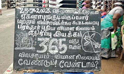 A board at Parandur announcing the protest entering 365th day