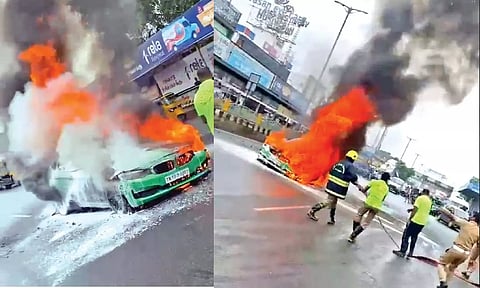 BMW catches fire on road near Chromepet