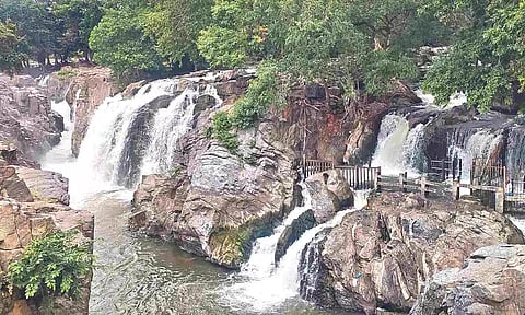 Water released from Karnataka dams flowing into Tamil Nadu at Biligundlu on Tuesday