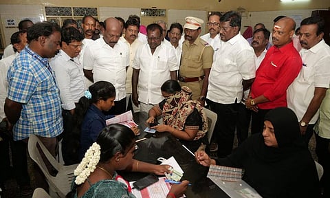 Health Minister Ma Subramanian inspecting the registration camps of 'Kalaignar Magalir Urimai Thogai' scheme in Saidapet, Virugambakkam, and Maduravoyal on Thursday. (Twitter)