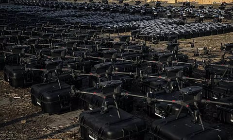 1700 drones are displayed before being sent to the frontline, to be used against Russian forces in Kyiv, Ukraine. (AP)