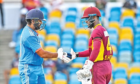 Shai Hope congratulates Rohit Sharma after India won the first ODI