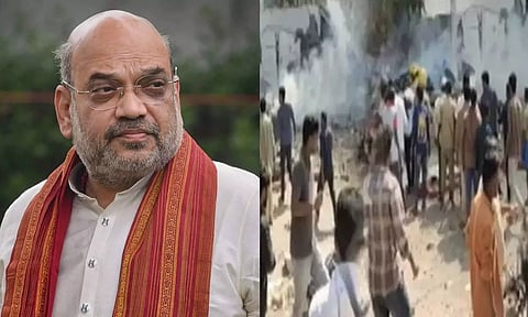 Union Home Minister Amit Shah (left); Visual from the site. (Daily Thanthi)