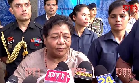 Manipur Governor Anusuiya Uikey speaking to reporters after visiting Churachandpur relief camp to console and extend support to those affected by the recent unrest. (PTI)