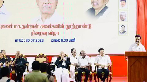 Stalin addressing M Nannan's centenary celebration in T Nagar, Chennai (Twitter)