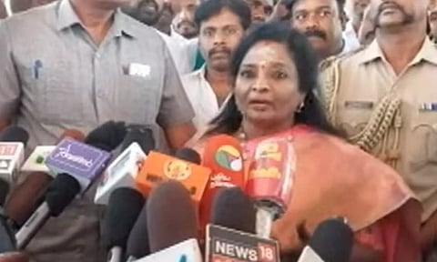Lt Governor Dr. Tamilisai Soundararajan speaking to reporters after visiting Nataraja Temple in Chidambaram (Daily Thanthi)