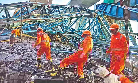 NDRF personnel involved in rescue operation following the accident on Tuesday morning