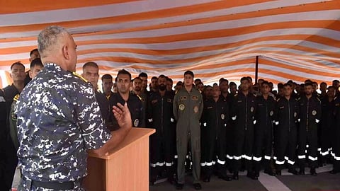Indian Navy Chief R Hari Kumar interacts with INS Trinkand crew members in Duqm (Photo/ANI)